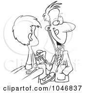 Royalty Free RF Clip Art Illustration Of A Cartoon Black And White Outline Design Of A Pediatrician With A Client