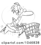 Royalty Free RF Clip Art Illustration Of A Cartoon Black And White Outline Design Of A Man Pushing A Shopping Cart