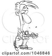 Royalty Free RF Clip Art Illustration Of A Cartoon Black And White Outline Design Of A Man With Stinky Cafeteria Food