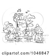 Cartoon Black And White Outline Design Of A Family Singing Christmas Carols