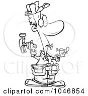 Poster, Art Print Of Cartoon Black And White Outline Design Of A Carpenter Holding Nails In His Teeth