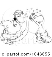 Royalty Free RF Clip Art Illustration Of A Cartoon Black And White Outline Design Of A Caveman Hitting Another With A Club