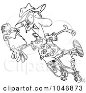 Poster, Art Print Of Cartoon Black And White Outline Design Of A Carefree Man On A Bike With A Parrot