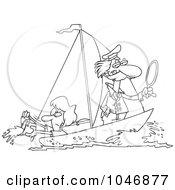 Poster, Art Print Of Cartoon Black And White Outline Design Of A Woman Scooping Buckets Of Water Out Of A Sailboat