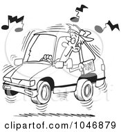 Poster, Art Print Of Cartoon Black And White Outline Design Of A Man Blaring Rap Music In His Car