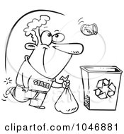 Royalty Free RF Clip Art Illustration Of A Cartoon Black And White Outline Design Of A Can Flying Over A Man To A Recycle Bin