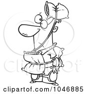 Poster, Art Print Of Cartoon Black And White Outline Design Of A Cautious Man Wearing Pillows