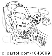 Poster, Art Print Of Cartoon Black And White Outline Design Of A Man Listing To Tunes In His Car