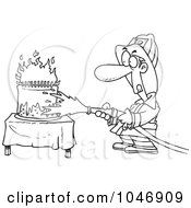 Poster, Art Print Of Cartoon Black And White Outline Design Of A Fireman Extinguishing A Birthday Cake