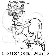 Cartoon Black And White Outline Design Of A Hunchback Man Carrying A Candelabra