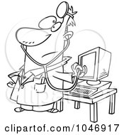 Poster, Art Print Of Cartoon Black And White Outline Design Of A Computer Doctor