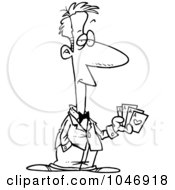 Royalty Free RF Clip Art Illustration Of A Cartoon Black And White Outline Design Of A Casino Man Holding Playing Cards by toonaday