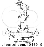 Royalty Free RF Clip Art Illustration Of A Cartoon Black And White Outline Design Of A Man Holding A Candle Burning At Both Ends