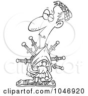 Royalty Free RF Clip Art Illustration Of A Cartoon Black And White Outline Design Of A Caesar Stabbed With Swords