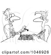 Poster, Art Print Of Cartoon Black And White Outline Design Of Men Playing Chess