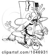 Royalty Free RF Clip Art Illustration Of A Cartoon Black And White Outline Design Of A Hoarder Man With A Full Closet