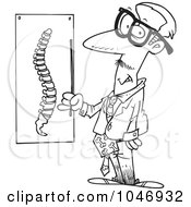 Cartoon Black And White Outline Design Of A Chiropractor By A Spine Chart