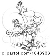 Royalty Free RF Clip Art Illustration Of A Cartoon Black And White Outline Design Of A Man Spring Cleaning