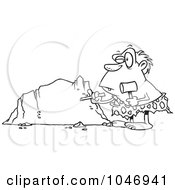 Royalty Free RF Clip Art Illustration Of A Cartoon Black And White Outline Design Of A Caveman Chiseling A Boulder