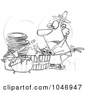 Cartoon Black And White Outline Design Of A Man Washing Dishes In A Barrel
