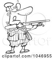 Poster, Art Print Of Cartoon Black And White Outline Design Of A Man Shooting Clay Pigeons