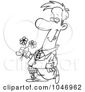 Poster, Art Print Of Cartoon Black And White Outline Design Of A Clashing Man Carrying Flowers