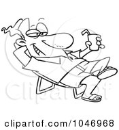 Cartoon Black And White Outline Design Of A Man Lounging And Holding A Cold Drink