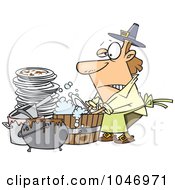 Cartoon Man Washing Dishes In A Barrel