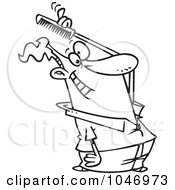 Royalty Free RF Clip Art Illustration Of A Cartoon Black And White Outline Design Of A Man Combing His Hair