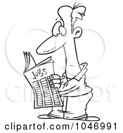 Cartoon Black And White Outline Design Of A Man Seeking For A Job In The Classifieds