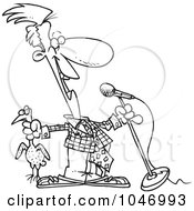 Royalty Free RF Clip Art Illustration Of A Cartoon Black And White Outline Design Of A Comedian Holding A Chicken by toonaday