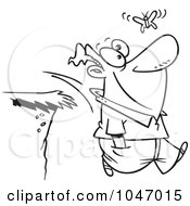 Poster, Art Print Of Cartoon Black And White Outline Design Of A Man Walking Off A Cliff While Following A Butterfly