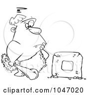 Royalty Free RF Clip Art Illustration Of A Cartoon Black And White Outline Design Of A Caveman Trying To Create A Wheel