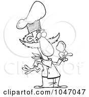 Royalty Free RF Clip Art Illustration Of A Cartoon Black And White Outline Design Of A Chef Holding A Chicken Drumstick