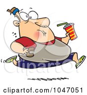 Poster, Art Print Of Cartoon Fat Man Running And Eating Junk Food