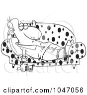 Cartoon Black And White Outline Design Of A Lazy Man Watching Tv On A Sofa