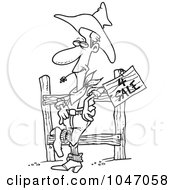 Royalty Free RF Clip Art Illustration Of A Cartoon Black And White Outline Design Of A Western Cowboy Selling Property