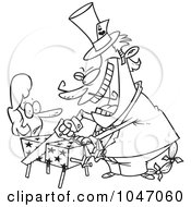 Royalty Free RF Clip Art Illustration Of A Cartoon Black And White Outline Design Of A Magician Cutting A Woman In A Box
