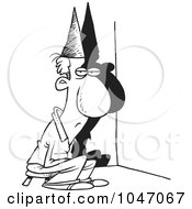 Cartoon Black And White Outline Design Of A Man Sitting In A Corner