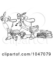 Cartoon Black And White Outline Design Of A Father And Son Carrying Wood