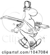 Poster, Art Print Of Cartoon Black And White Outline Design Of A Construction Worker Carrying A Wood Slat