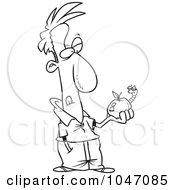 Poster, Art Print Of Cartoon Black And White Outline Design Of A Man Holding An Apple With A Worm