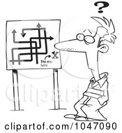 Poster, Art Print Of Cartoon Black And White Outline Design Of A Confused Man Viewing A Map Sign
