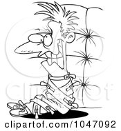 Cartoon Black And White Outline Design Of A Crazy Man In A Padded Room