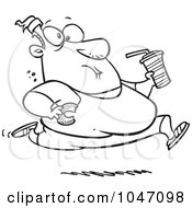 Poster, Art Print Of Cartoon Black And White Outline Design Of A Fat Man Running And Eating Junk Food