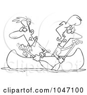 Royalty Free RF Clip Art Illustration Of A Cartoon Black And White Outline Design Of A Couple Rowing A Canoe In Opposite Directions by toonaday