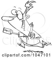 Royalty Free RF Clip Art Illustration Of A Cartoon Black And White Outline Design Of A Man Using A Coupon by toonaday