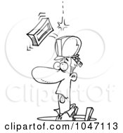 Poster, Art Print Of Cartoon Black And White Outline Design Of A Brick Falling On A Construction Guy In A Man Hole