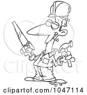 Royalty Free RF Clip Art Illustration Of A Cartoon Black And White Outline Design Of A Construction Guy Holding A Hammer And Saw by toonaday