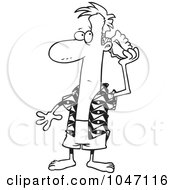 Royalty Free RF Clip Art Illustration Of A Cartoon Black And White Outline Design Of A Man Listening To A Conch Shell by toonaday